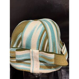 Vintage Lilly Dache Debs Striped Woven Cloche Hat Green Blue Cream Bow Detail